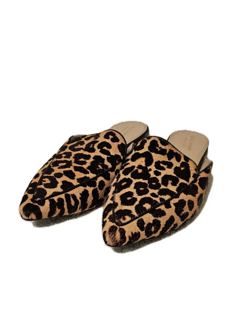 Cole Haan Piper Mules in a leopard print calf hair